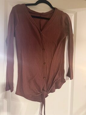 Waffle Knit Long Sleeve Top in Dusty Rose